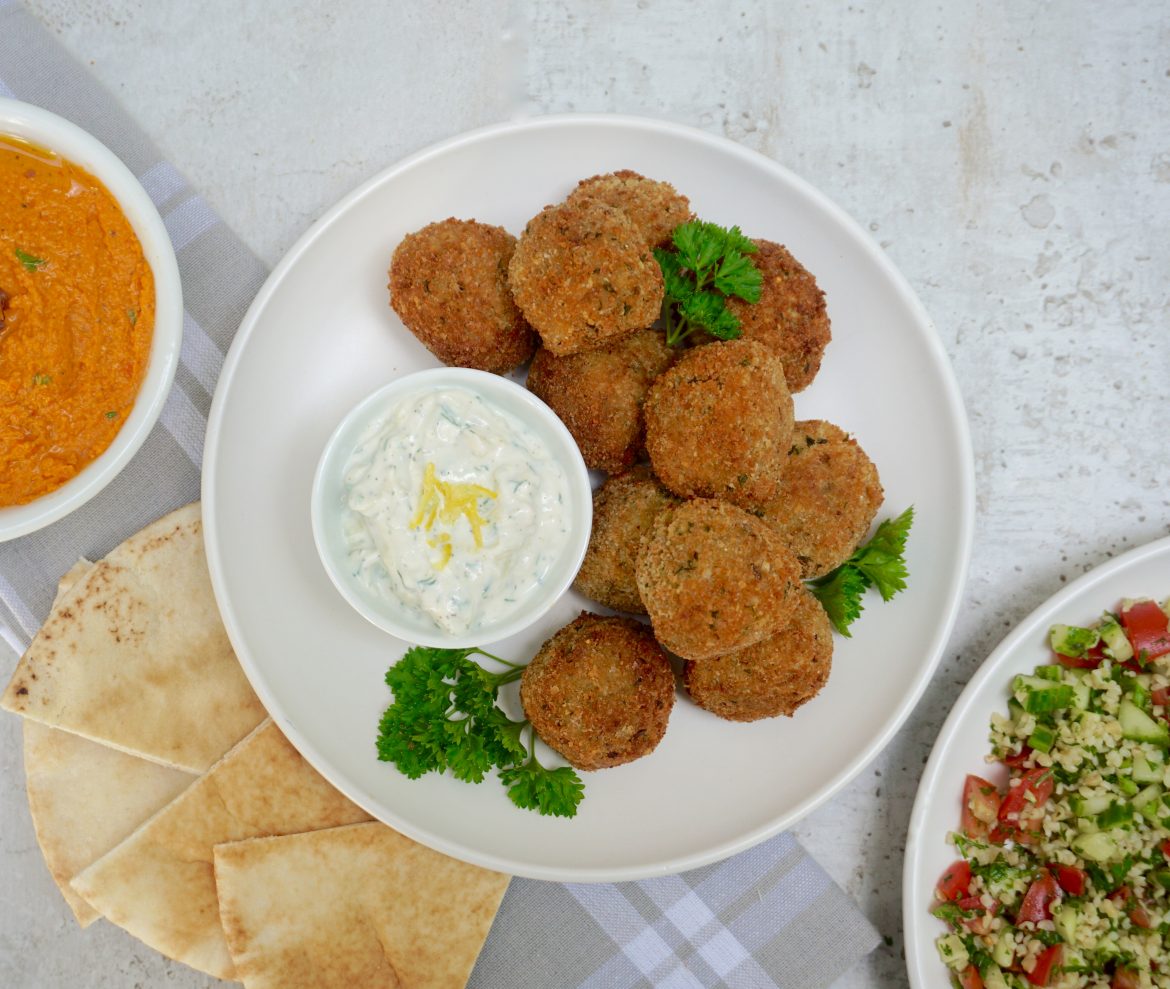Falafel is a flavorful, deep fried ball made from ground chickpeas.