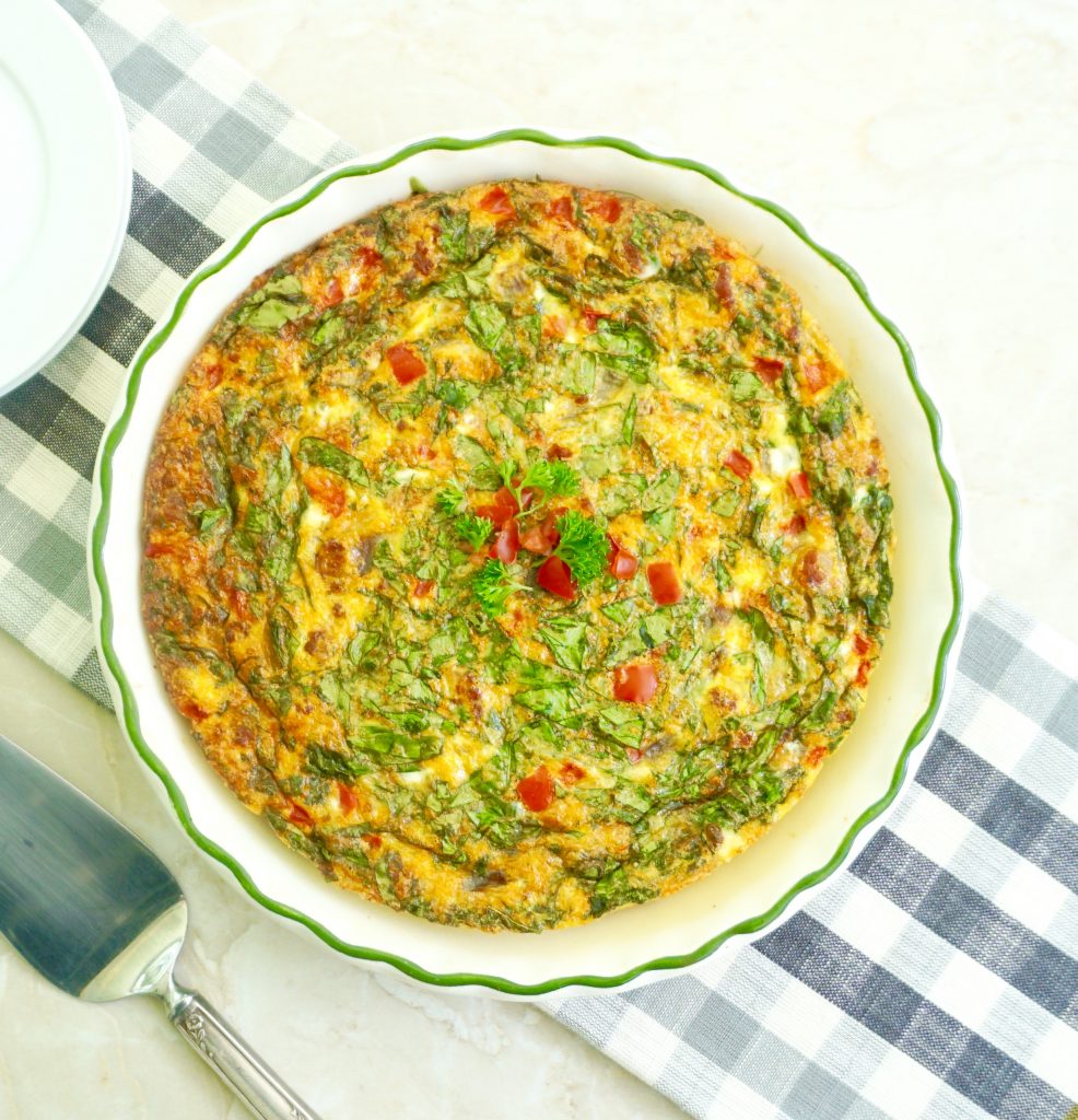 Chorizo Frittata is eggs baked with sausage and veggies