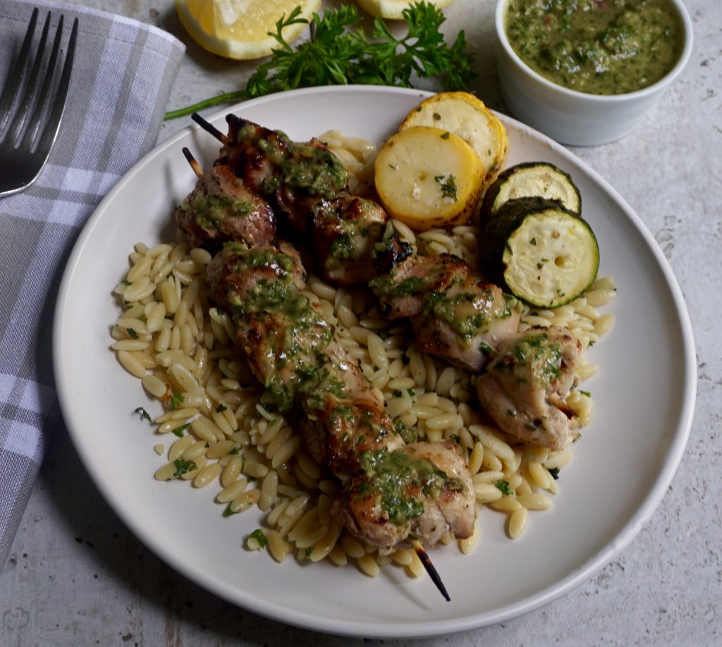 Lemon Yogurt Chicken Kabobs with Chimichurri Sauce