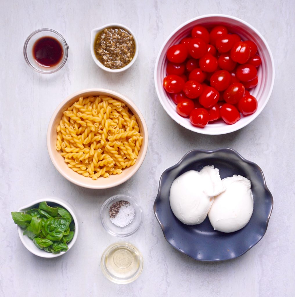 Caprese Fusilli with Burrata is made from ripe tomatoes, basil and burrata.