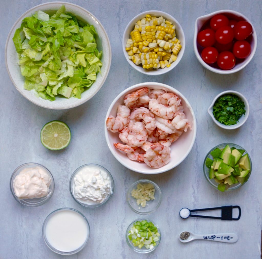 Shrimp Corn and Avocado salad has a cilantro buttermilk dressing.