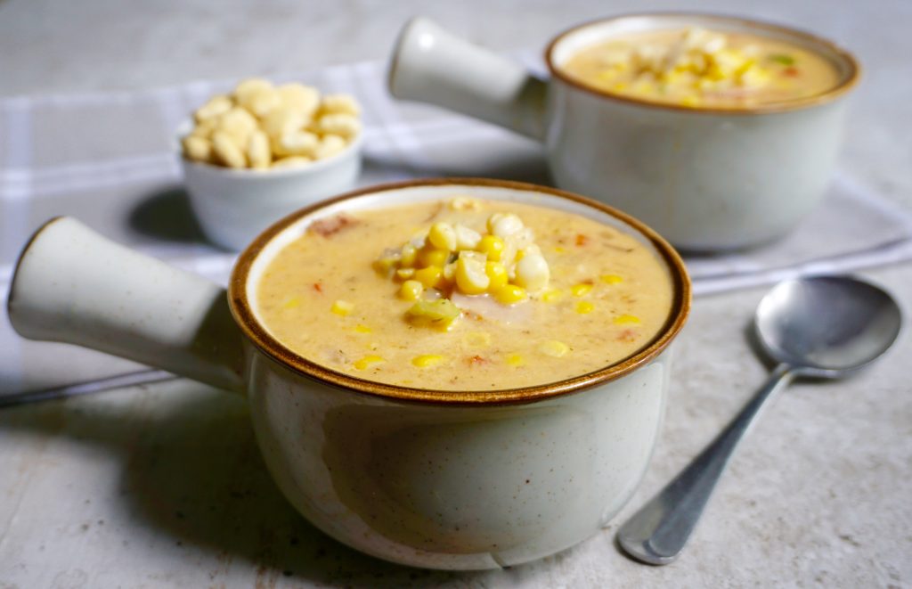 Red Pepper Corn Chowder is a creamy vegetarian soup.