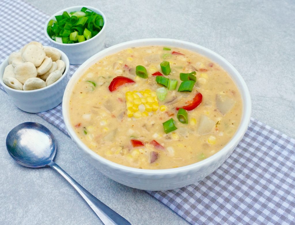 Red Pepper Corn Chowder is a creamy vegetarian soup.