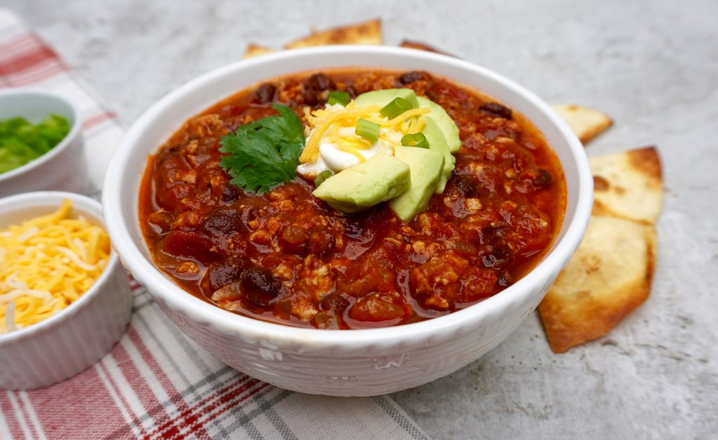 Chicken Chili is a hearty, flavorful and healthy low fat chili.