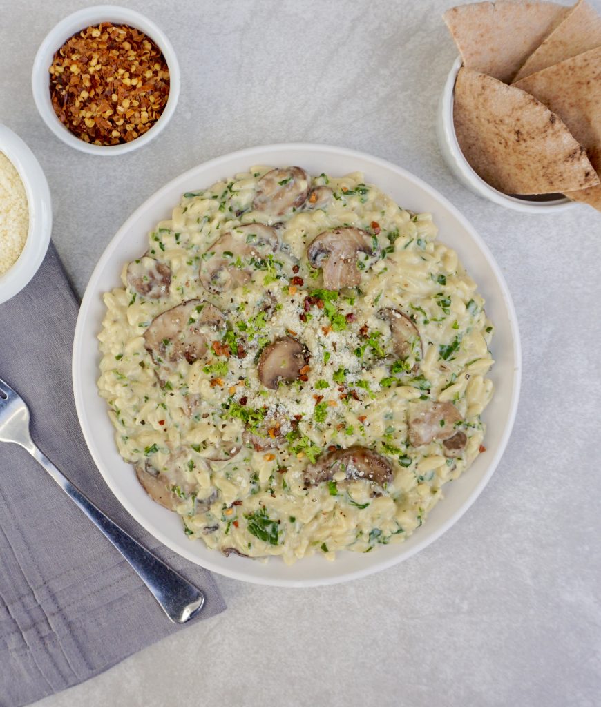 Mushroom Spinach Orzo is a creamy, vegetarian dish