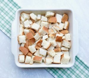 Bread cubes in the 9"x9"baking dish