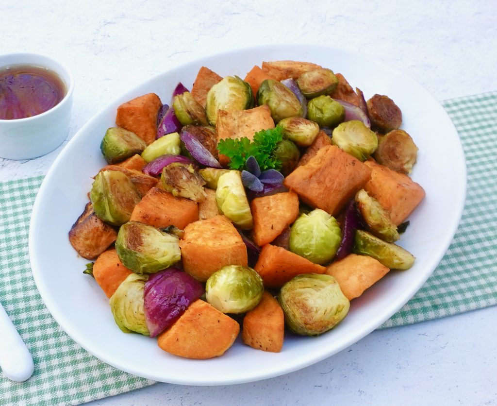 Roasted Brussels Sprouts and Sweet Potatoes