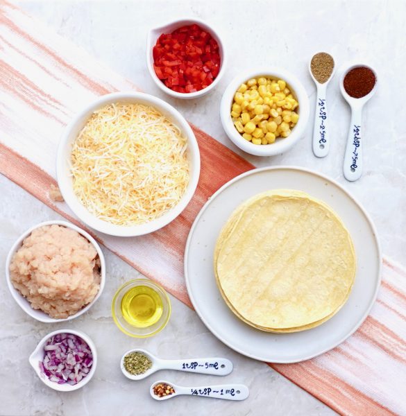 Corn Tortilla Quesadilla with cheesy chicken filling.