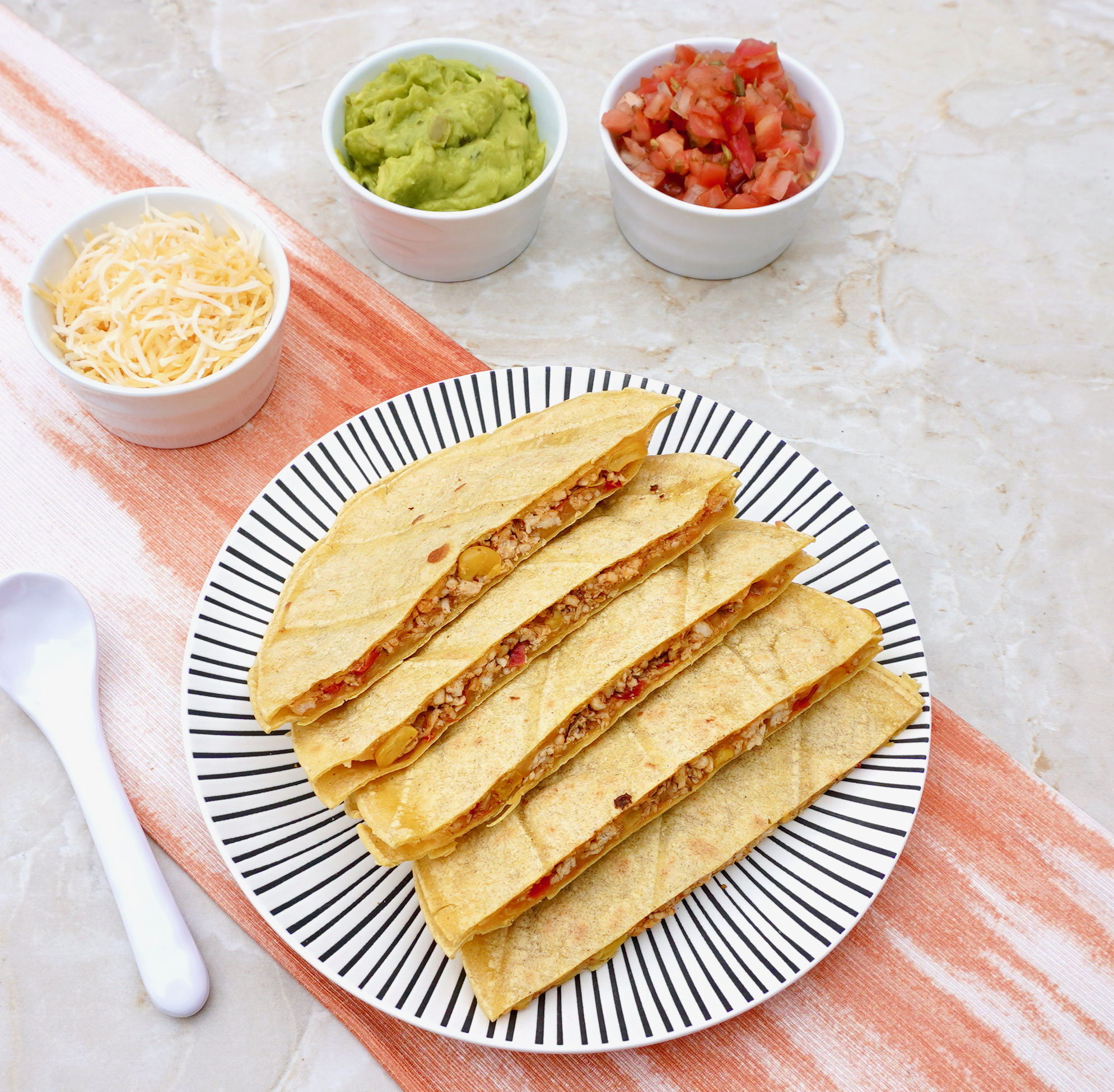 Corn Tortilla Quesadilla with cheesy chicken filling.